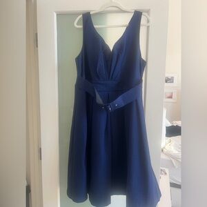 ASOS Navy V‑Neck A-Line Midi Dress with Belt